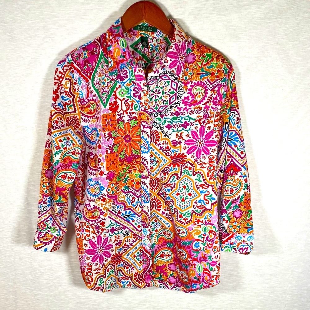 Lauren Ralph Lauren Multicolor Shirt Women’s Large 3/4‎ Sleeves Floral Paisley - Picture 2 of 10
